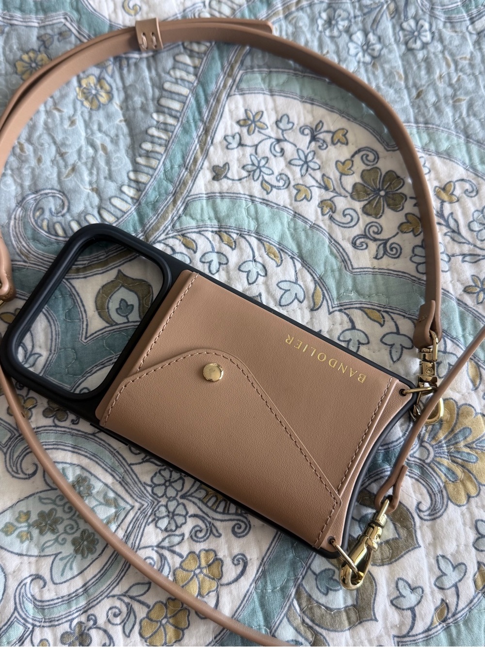 Bandolier Crossbody Phone Case Card Holder in Tan with Gold Hardware for iPhone